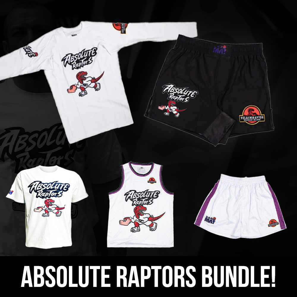 White Long Sleeve Raptor Rashguard and MMA Short Bundle