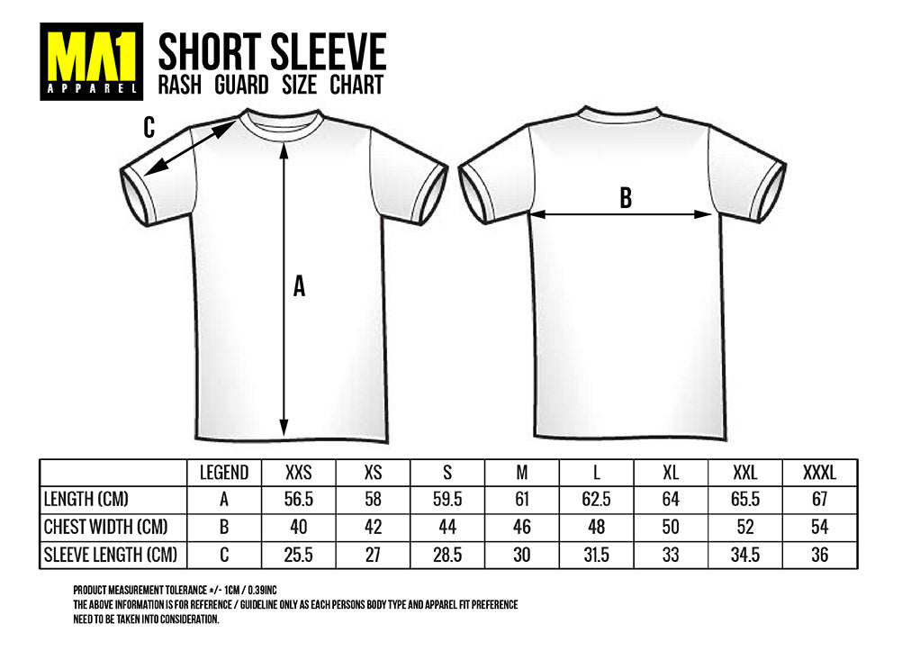 MA1 Short Sleeve Rashguard Size Chart