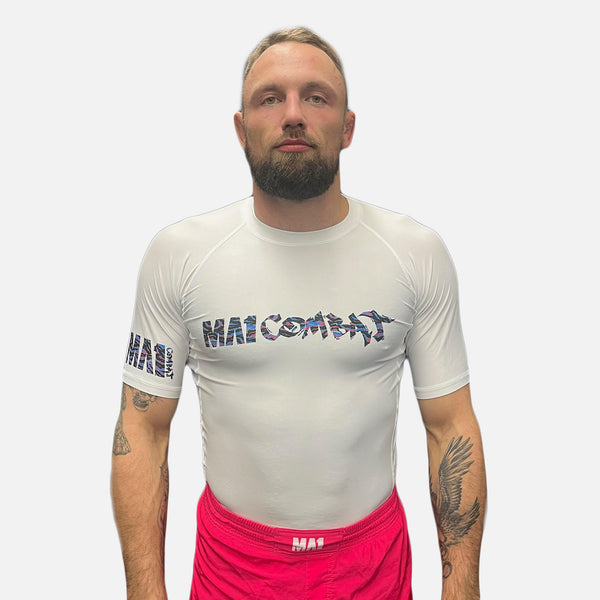 MA1 Camo Fire Logo White Short Sleeve Rashguard