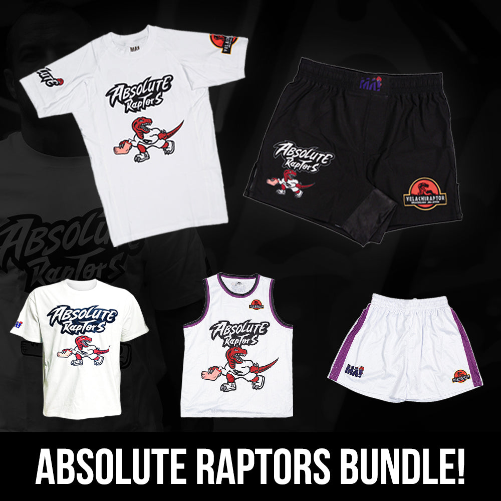White Short Sleeve Raptor Rashguard and MMA Short Bundle