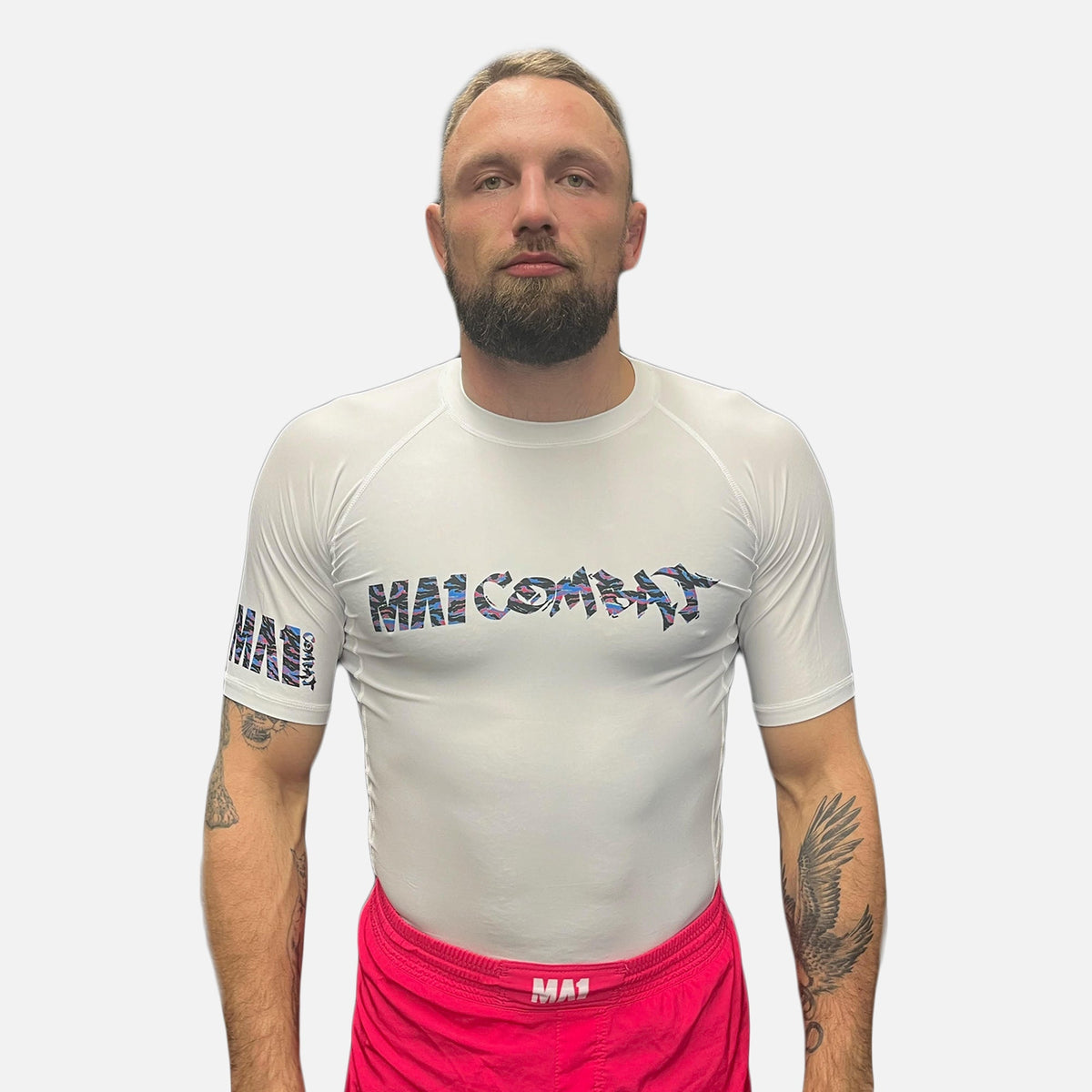 MA1 Camo Fire Logo White Short Sleeve Rashguard